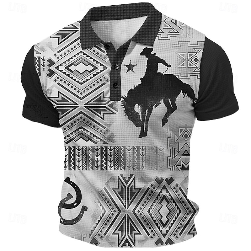 Men's Western Wear Waffle Polo Shirts Golf Shirt Short Sleeve Polo Shirts Collared Shirts Vintage Casual Vacation Wear Party Outfits Buttons 3D Print Summer Spring Blue Brown Gray