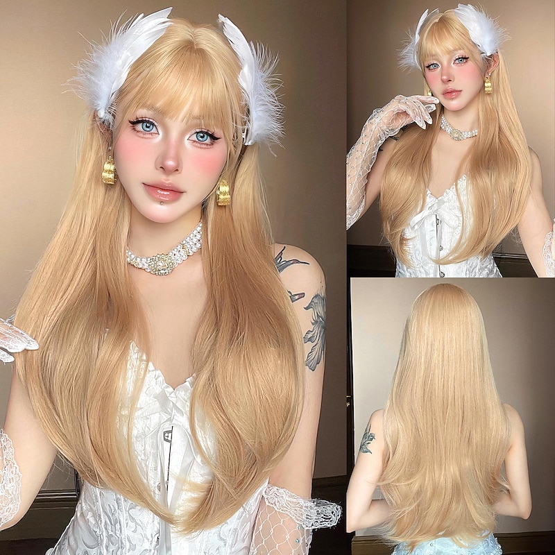 Synthetic Wig Uniforms Career Costumes Princess Straight kinky Straight Middle Part Layered Haircut Machine Made Wig 26 inch Light golden Synthetic Hair Women's Cosplay Party Fashion Blonde Natural