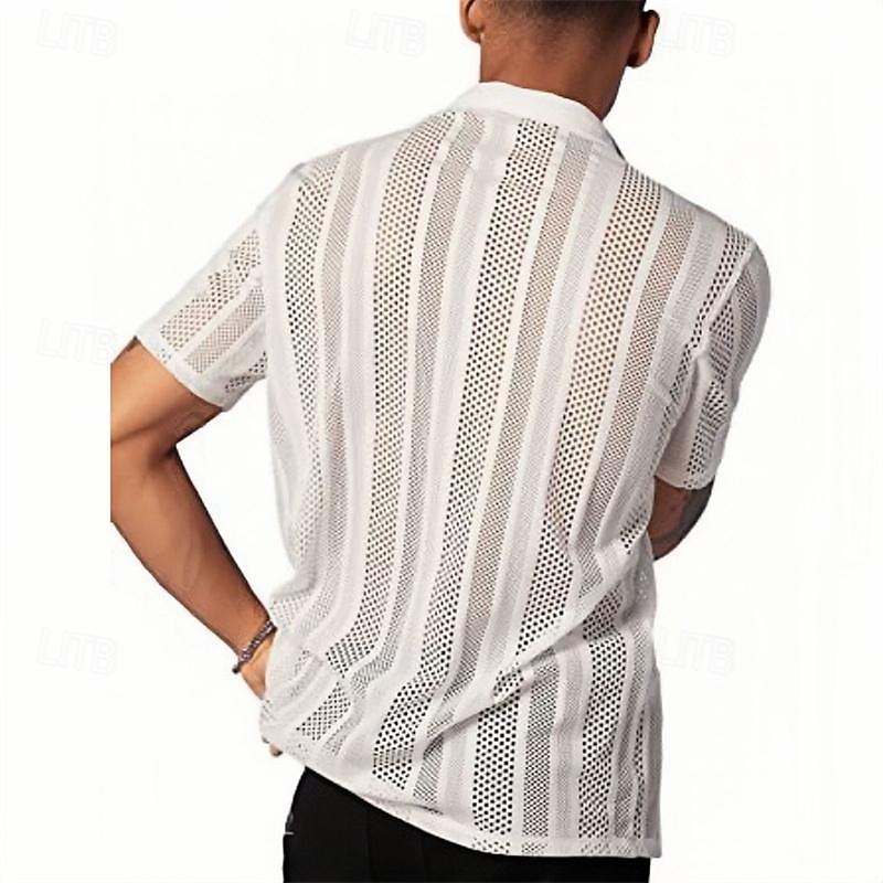 Men's Shirt Summer Shirt Mesh Shirt Sheer Shirt Sheer Blouse Black White Short Sleeve Plain Camp Collar Vacation Hawaiian Hole Clothing Apparel Polyester Fashion Casual Comfortable4