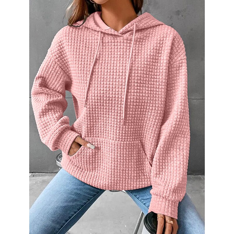 Women's Hoodie Sweatshirt Pullover Casual Texture Sweatshirt Waffle Sweatshirt Plain Dailywear Hooded Front Pocket Long Sleeve Black White Pink Gray Fall & Winter