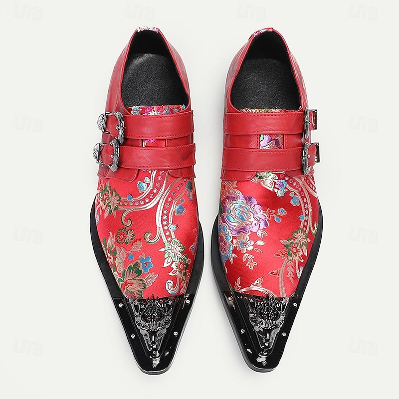 Men's Premium Cowhide Leather Punk Style Monk Strap Shoes - Red Floral Embroidered Double Buckle Slip-On with Metal Toe Cap4