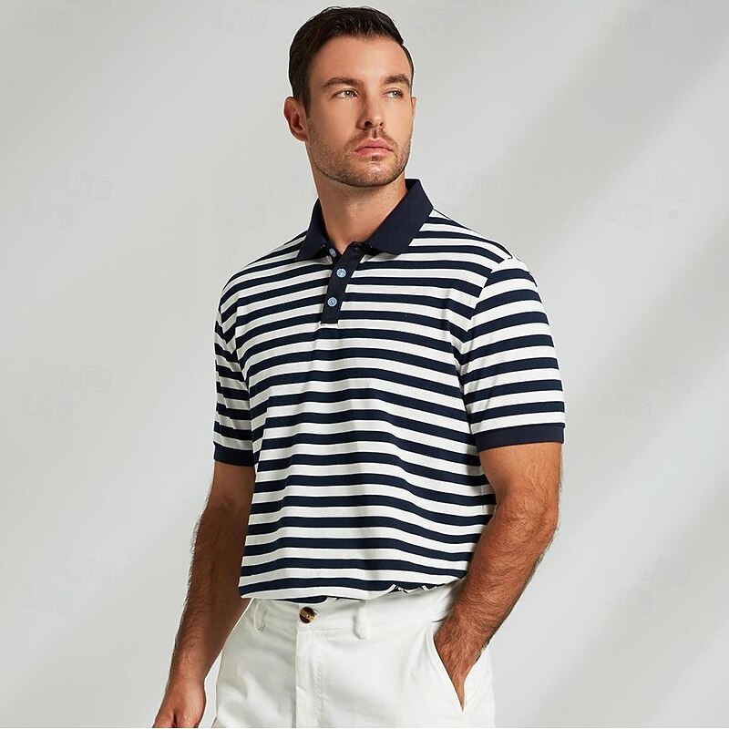 Men's Polo Knit Polo Sweater Business Casual Lapel Short Sleeve Modern Formal Striped Horizontal Stripes Button Summer Navy Blue Polo