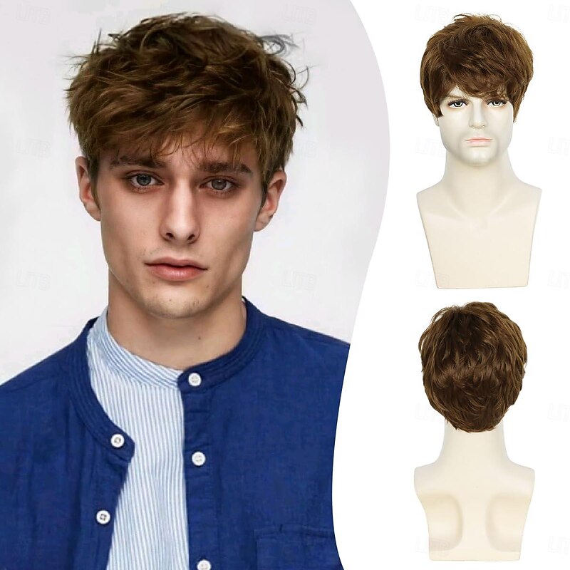 Mens Wig, Short Brown Wig for Men Layered Natural Fluffy Synthetic Hair Wig Heat Resistant Halloween Cosplay Wig
