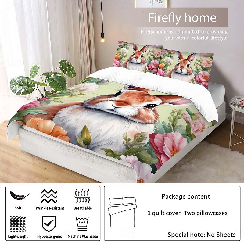 Watercolor Hand-painted Plush Bunny 3-piece set of Down Duvet Covers for Hotel Bedrooms Guest Rooms Luxury Accommodations Bedding Comfort Set 1 Down Duvet Cover 2 Pillowcases4
