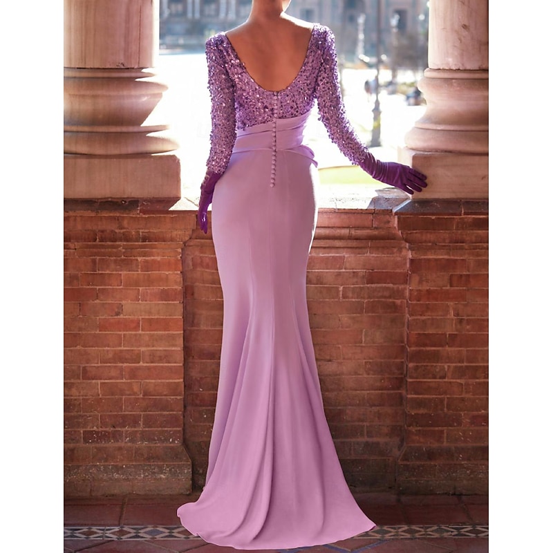 Mermaid Sequin Evening Gown Elegant Dress Formal Wedding Reception Floor Length Long Sleeve Jewel Neck with Bow(s) Pearls Masquerade Dress2