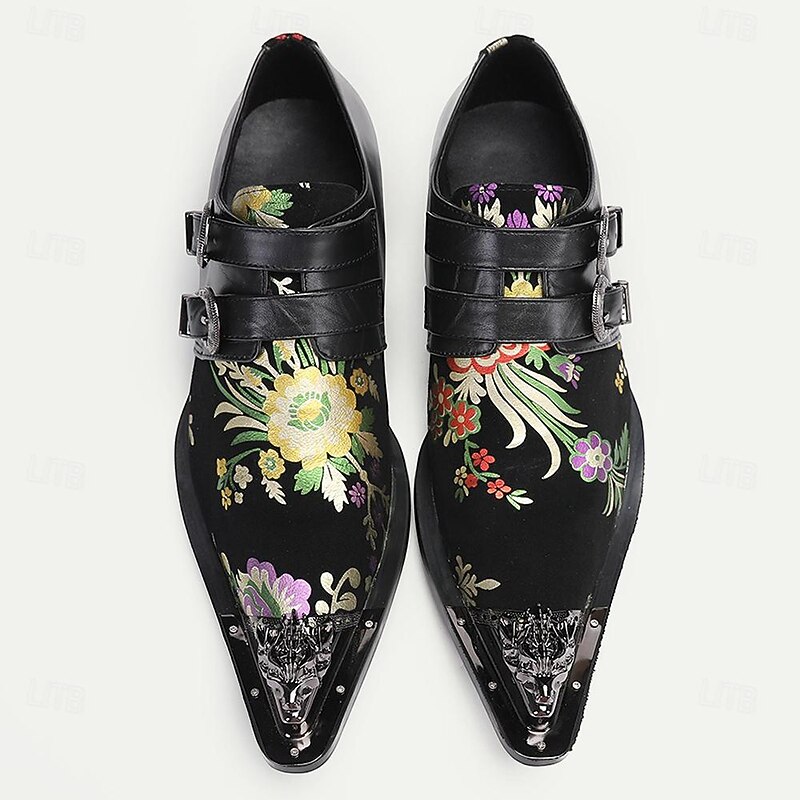 Men's Punk Style Floral Embroidered Buckle Monk Strap Dress Shoes with Metal Toe Cap - Premium Cowhide Leather, Ideal for Formal Events2