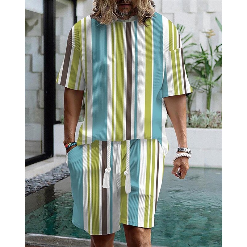 Men's T-shirt Suits 2 Pieces Outfits Tee & Shorts Short Sleeve Crew Neck Summer Striped Fashion Casual 2 Piece Vacation Daily Wear Going out Black Red Blue Top Tee for Men