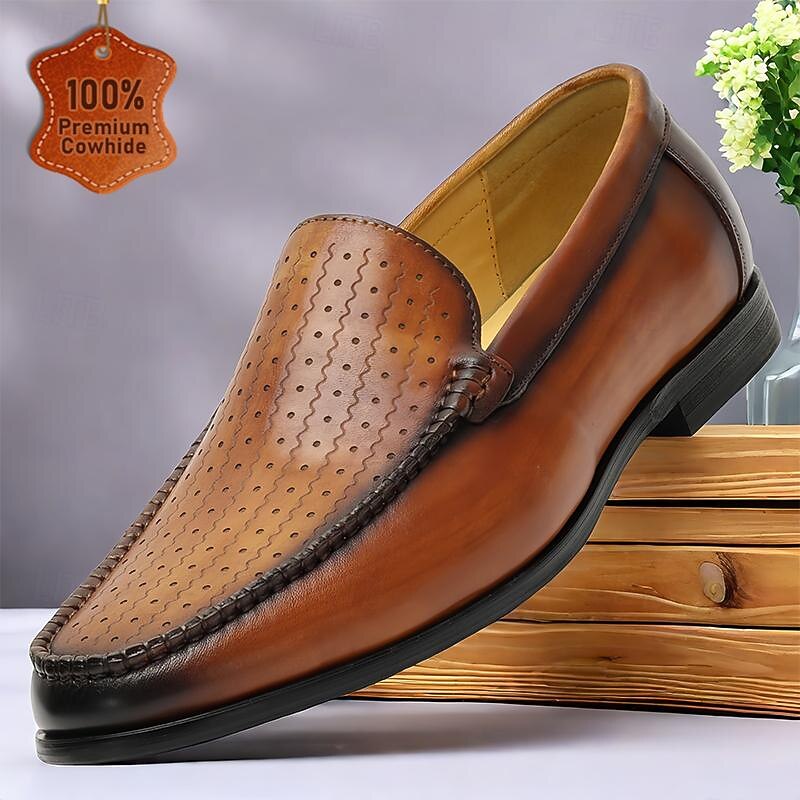 Men's Breathable Perforated Leather Loafers - Premium Cowhide Slip-On Shoes for Casual and Business Wear - Main Image