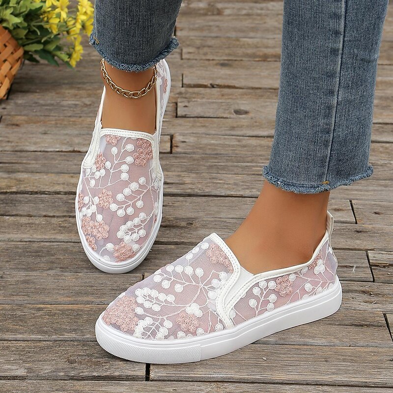 Women's White Lace Slip-On Sneakers – Breathable Mesh Casual Shoes with Floral Embroidery for Summer & Everyday Wear2