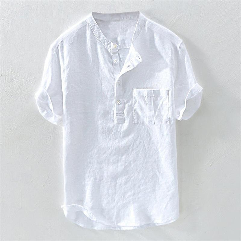 Men's Shirt Chinese Collar Shirt Mandarin Collar Shirt Popover Shirt Casual Shirt Plain Vacation Street White Yellow Sky Blue Green Short Sleeve Band Collar Summer Clothing Apparel Button-Down