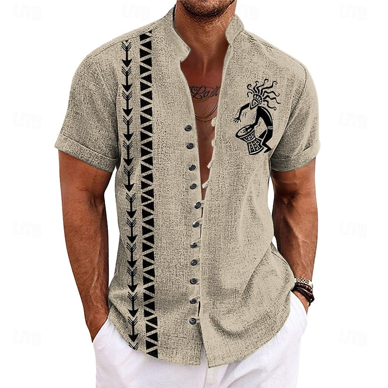 Men's Ethnic Kokopelli Shirt Button Up Shirt Short Sleeve Casual Tribal Vacation Daily Summer Spring Grandad Collar Band Collar Buttons Print Pink Blue Green Khaki Beige