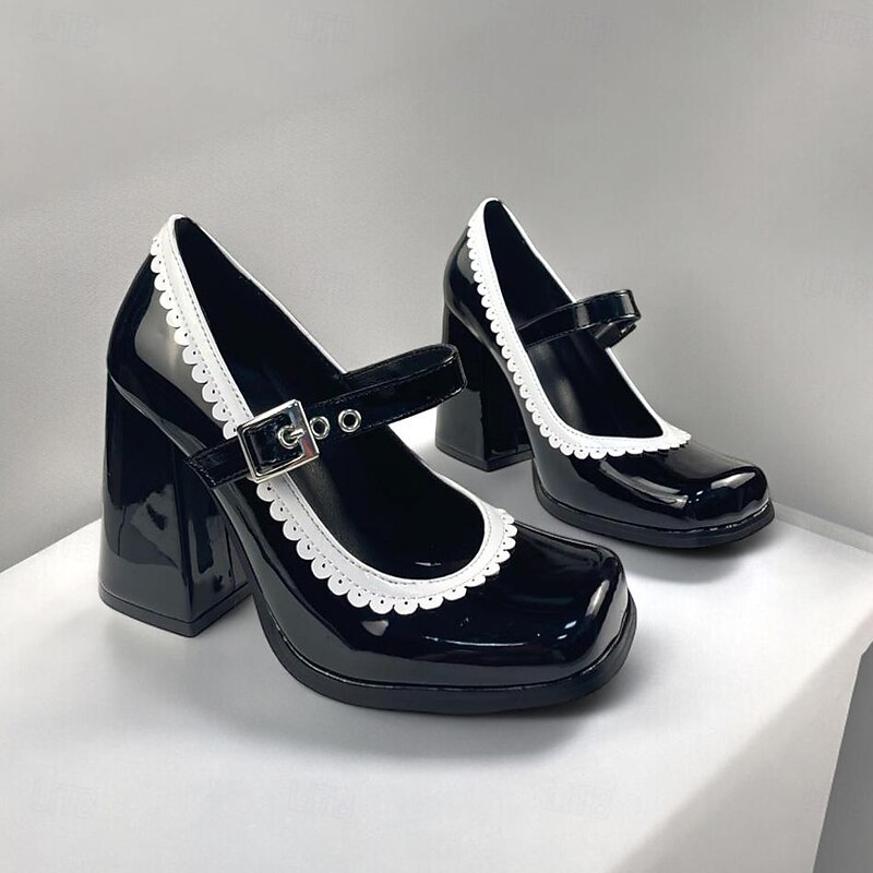 Women's Black and White Mary Jane Pumps - Retro Chunky Heel Platform Shoes for Party and Office Wear4