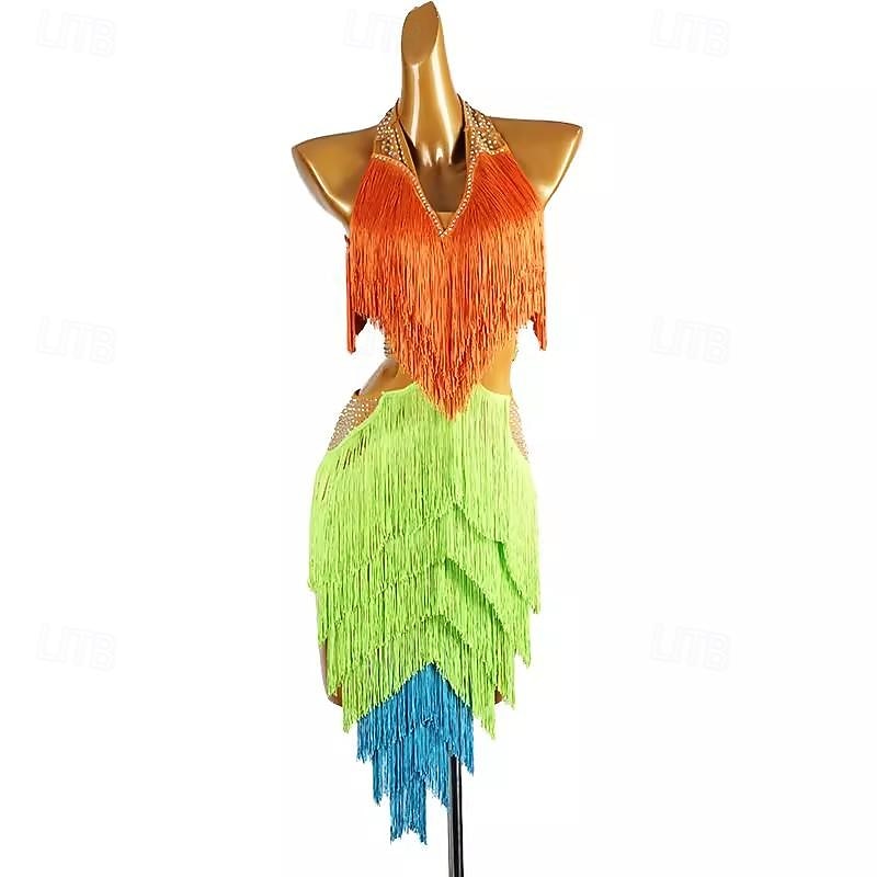 Latin Dance Dress Tassel Splicing Crystals / Rhinestones Women's Performance Training Sleeveless Chinlon Spandex
