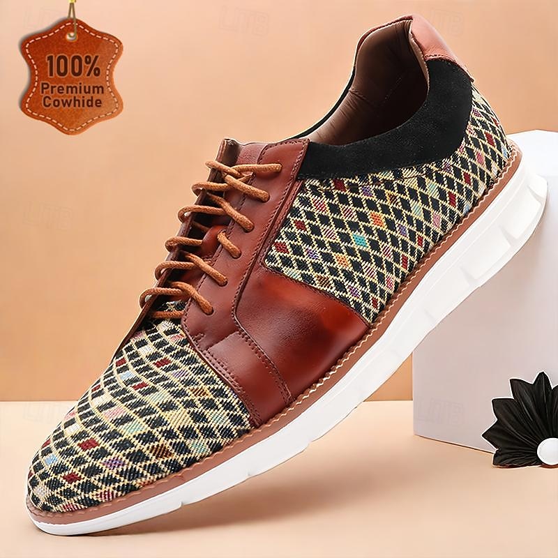 Men's Woven Multicolor Lace-Up Sneakers - Stylish Casual Shoes with Premium Cowhide Leather Accents