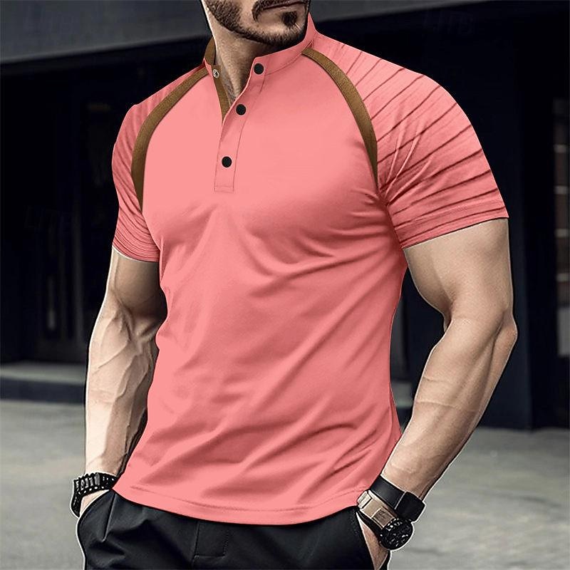 Men's Button T Shirt T Shirt Henley Shirt Tee Short Sleeve Henley Spring & Summer Color Block Fashion Designer Basic Vacation Street Going out Black Pink Brown Top Tee for Men3