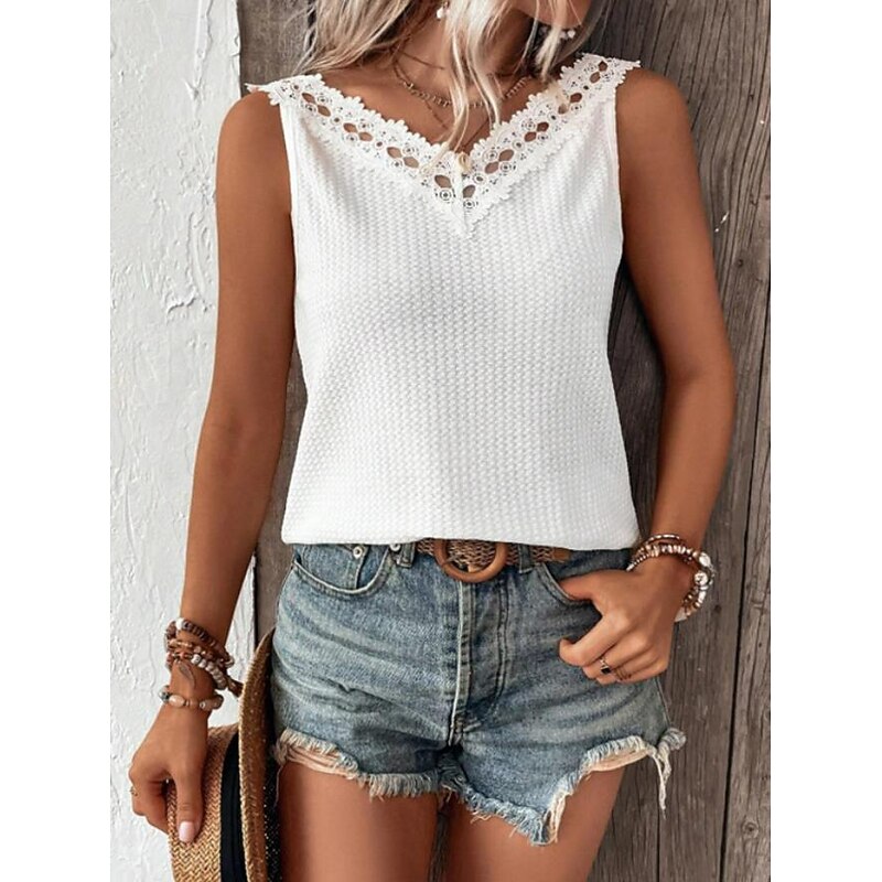 Women's Camisole Tank Top Stylish Lace Eyelet Sleeveless Sleeveless V Neck Daily White Summer4