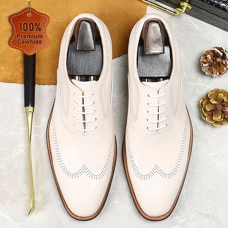 Stylish Men's White Dress Derby Shoes with Brogue Detailing - Ideal for Formal and Business Wear