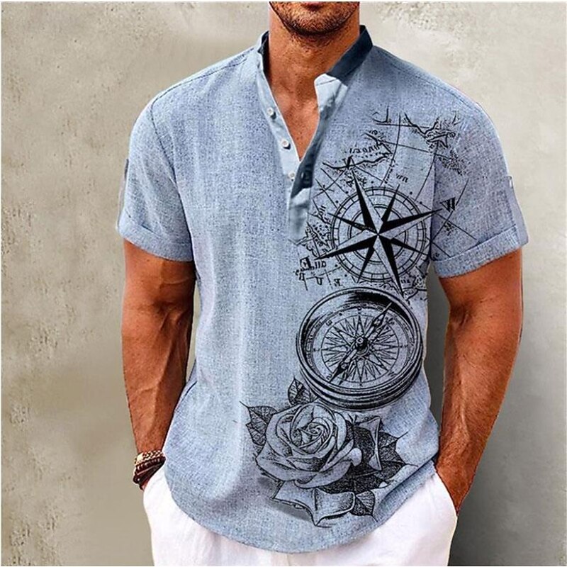 Men's Shirt Linen Shirt Beach Shirt Graphic Prints Outdoor Vacation Pink Blue Green Khaki Short Sleeve Stand Collar Summer Spring Clothing Apparel Print2