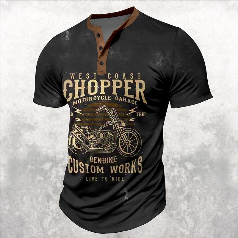 Men's Motorcycle T shirt Henley Shirt Short Sleeve 3D Print Retro Vintage Casual Daily Summer Black Henley Henley T-Shirt