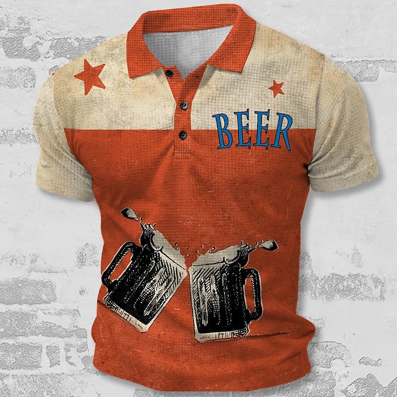 Men's Beer Polo Shirts Short Sleeve Polo Shirts Turndown Sportswear Abstract Casual Street Daily Holiday Beach 3D Print Spring & Summer Red