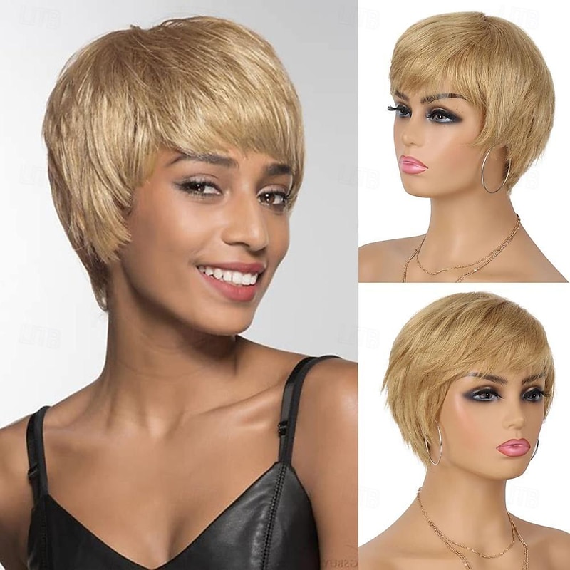 Short Pixie Cut Human Hair Wig with Bangs 150% Density Blonde Layered Wavy Wigs for Women 27#