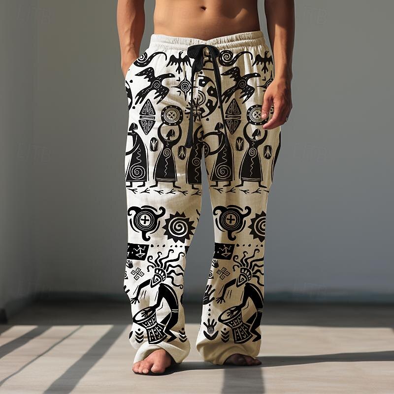 Men's Print Casual Pants Mid Waist Hawaiian Ethnic Style Holiday Straight Leg Summer Spring 3D Print Black Brown Green4