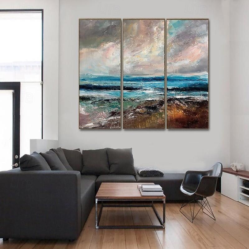 Hand painted Abstract Seascape Paintings On Canvas handmade texture Ocean sea Oil Painting Handmade Blue Art Triptych Paintings for Living Room Wall Decor3