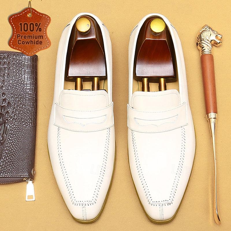 Elegant Men's White Leather Loafers with Classic Penny Slot - Perfect for Business Casual and Formal Occasions