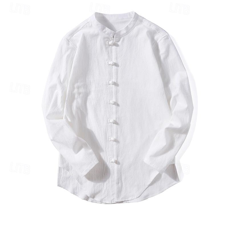 Men's Shirt Linen Shirt Chinese Collar Shirt Mandarin Collar Shirt Casual Shirt Button Up Shirt Plain Vacation Hawaiian Black White Light Green Pink Long Sleeve Grandad Collar Spring &  Fall Clothing