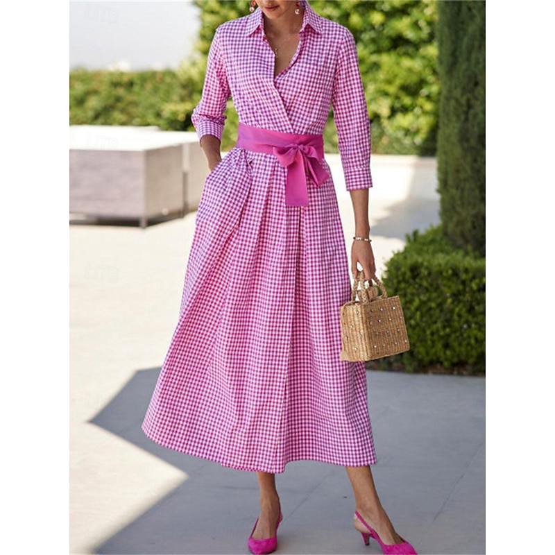 Women's Shirt Dress Casual Dress Maxi long Dress Date Vacation Modern Casual Shirt Collar Lace up Button Long Sleeve Summer Spring Regular Fit Plaid