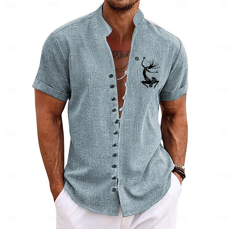 Men's Shirt Summer Hawaiian Shirt Aloha Shirt Short Sleeve Shirt Stand Collar Casual Tribal Holiday Blue Green Khaki S M L3