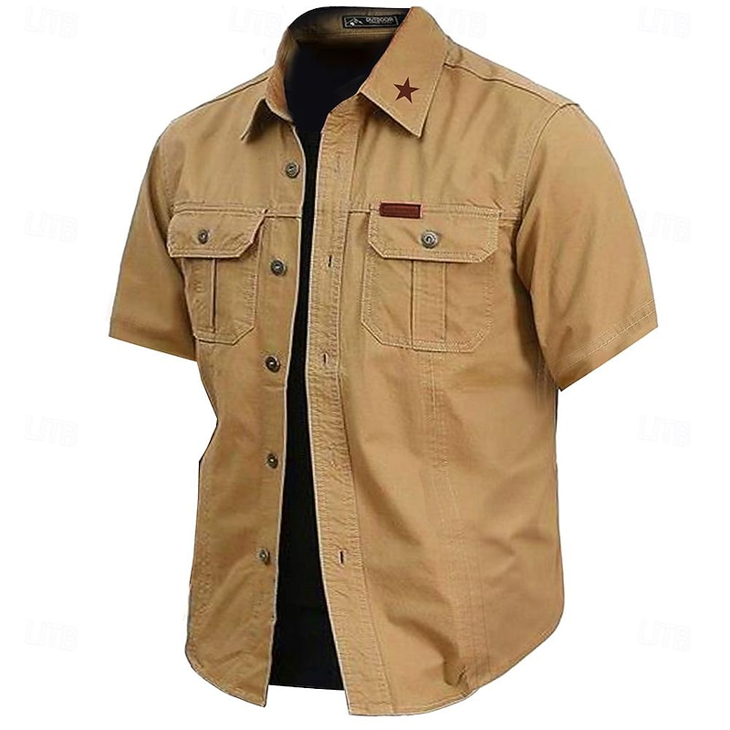 Men's Star Work Shirt Western Shirt Cargo Shirt Short Sleeve Casual Tactical Sports & Outdoor Going out Summer Spring Turndown Print Army Green Khaki Dark Blue Beige