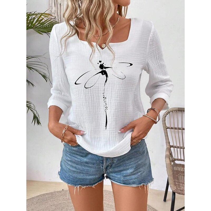 Women's Blouse Animal Elegant 3/4 Length Sleeve Notched Neck Regular Tops Daily Linen Like Going out Print White Summer3