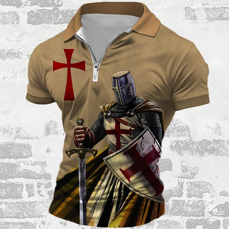 Men's Knights Templar Zip Polo Shirts Golf Shirt Short Sleeve Polo Shirts Collared Shirts Vacation Wear Festival Wear Party Outfits 3D Print Quarter Zip Polo Summer Brown
