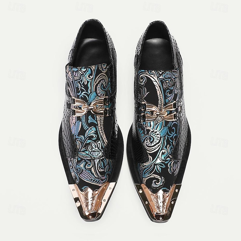 Men's Premium Cowhide Leather Punk Style Loafers - Floral Embroidered Slip-On Shoes with Metal Toe Cap and Buckle2