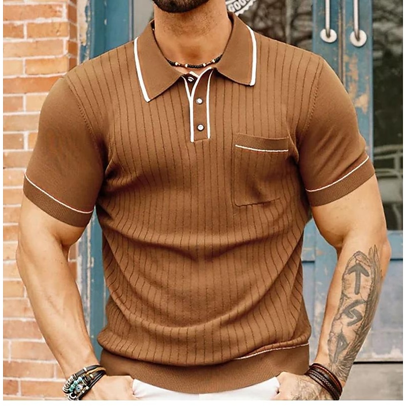 Men's Sweater Knit Sweater Ribbed Knit Regular Pocket Full Finger Lines / Waves Lapel Old Money Style Casual Daily To-Go Clothing Apparel T-shirt Sleeve Spring & Summer Black Dark Navy S M L