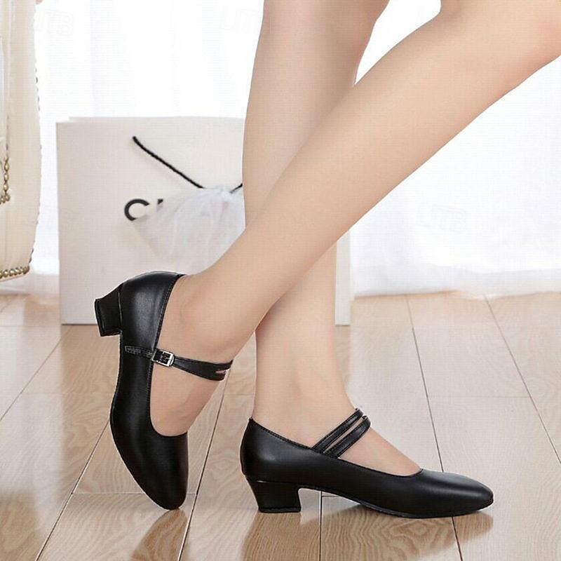 Women's Black Faux Leather Mary Jane Dance Shoes with Low Block Heel and Adjustable Strap - Comfortable Footwear for Ballet, Latin, and Ballroom Dancing