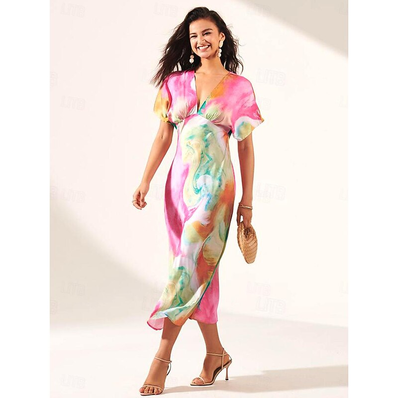 Women's Wedding Guest Dress Ombre Print V Neck Midi Dress Elegant Date Short Sleeve Regular Fit Vacation Daily Summer Dress