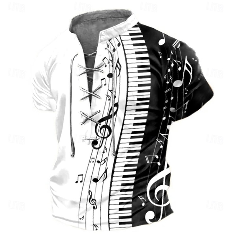 Halloween Men's Gothic Horror Piano Musical Instrument T shirt Tee Short Sleeve T shirt 3D Print Lace Up Neck Shirt Casual Daily Black / White Spring & Summer Clothing Apparel S M L XL XXL 3XL