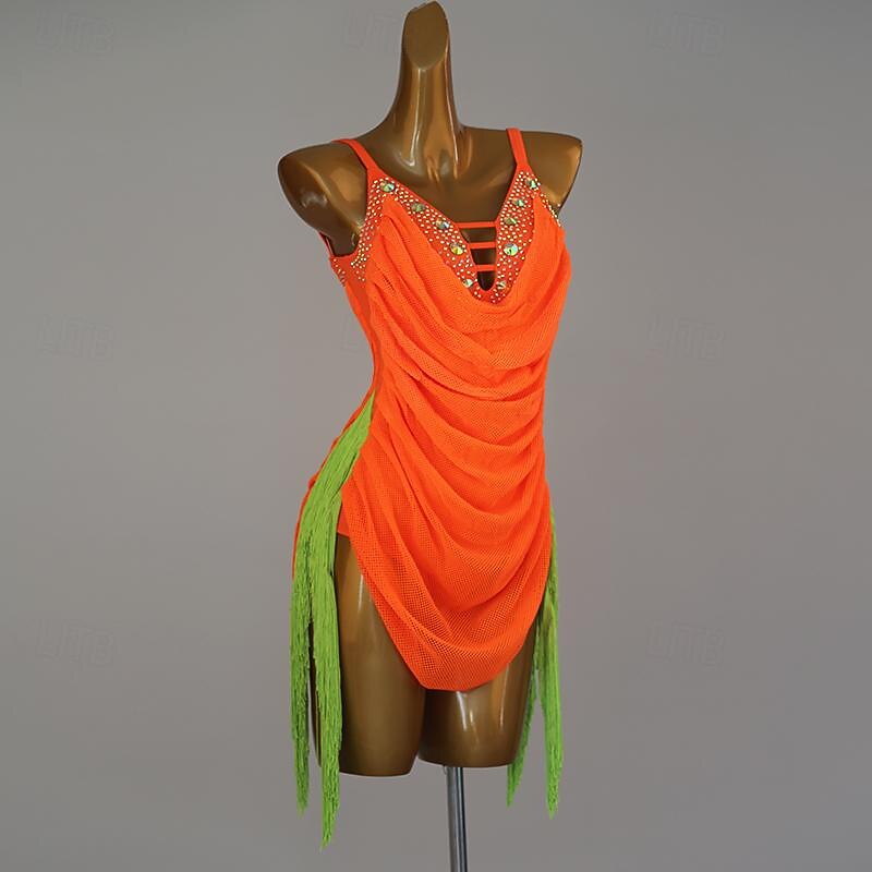 Latin Dance Dress Rhinestone Tassel Women's Performance Training Sleeveless High Spandex3
