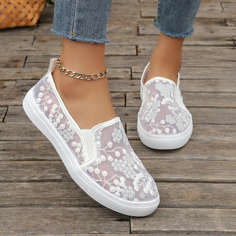 Women's White Lace Slip-On Sneakers – Breathable Mesh Casual Shoes with Floral Embroidery for Summer & Everyday Wear3
