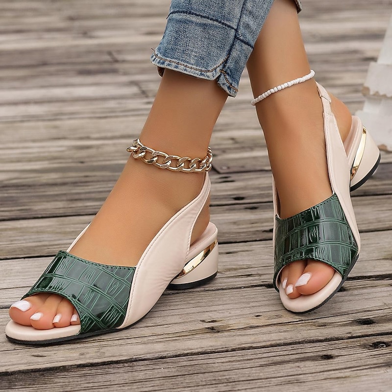 Women's Green and Beige Open-Toe Slingback Sandals – Crocodile Pattern Design with Gold Heel Accents for Casual and Elegant Summer Outfits - Main Image