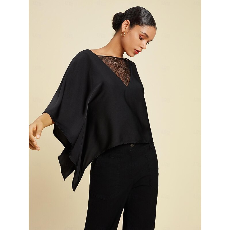 Women's Summer Tops Solid / Plain Color Casual Daily Weekend Batwing Sleeve Black Lace Dolman Casual Daily Bateau Summer2