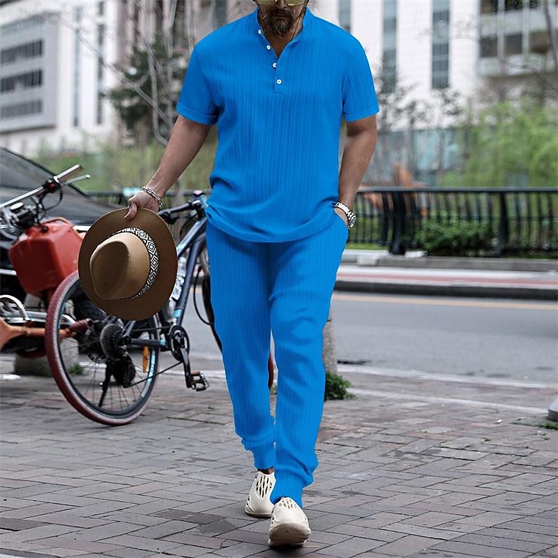 Men's T-shirt Suits Tee & Drawstring Waist Pants 2 Pieces Outfits Short Sleeve Henley Summer Plain Fashion Casual 2 Piece Vacation Daily Wear Going out Black White Royal Blue Top Tee for Men4