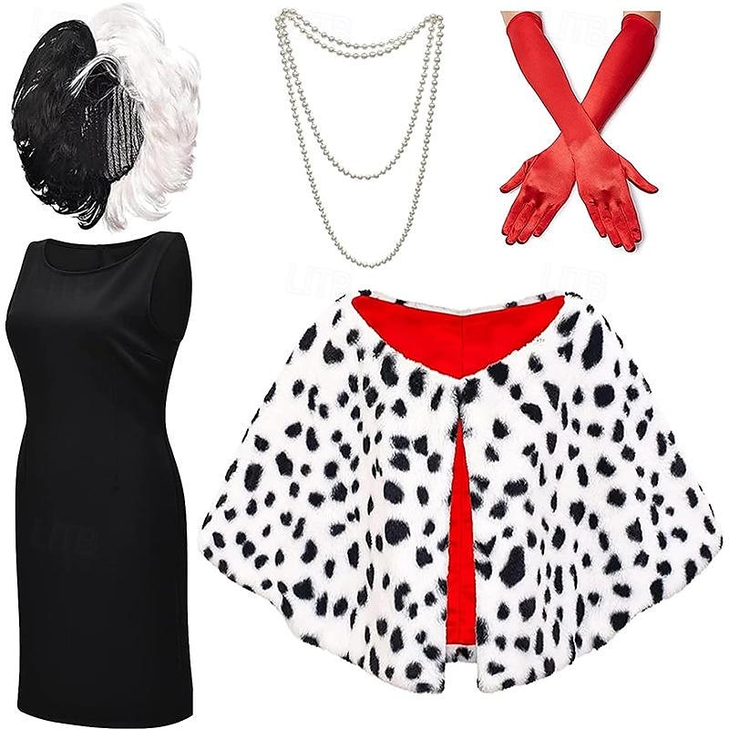 Retro Vintage Knee Length Cosplay Costume Outfits Cosplay Wigs Cruella De Vil Polka dots Fancy Dress Halloween Carnival Masquerade Party / Cocktail Fancy Party Adults' All Seasons3