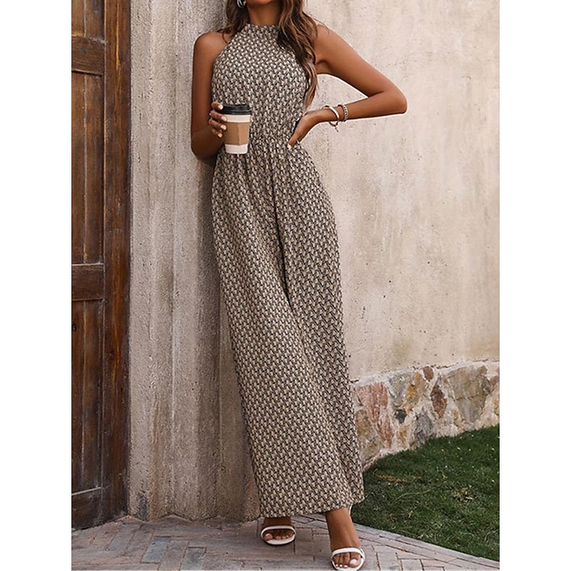 Women's Normal Jumpsuit Streetwear Geometric Sleeveless Stand Collar Pocket Print Street Daily Regular Fit Apricot Summer4