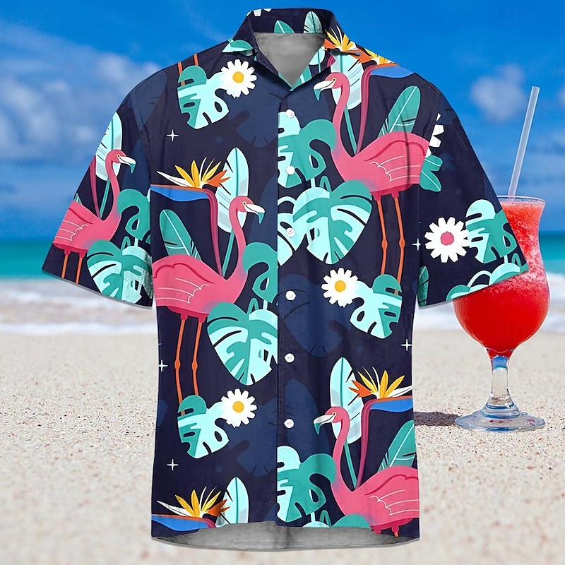 Men's Flamingo Tropical Summer Hawaiian Shirt Aloha Shirt Short Sleeves Shirt Turndown Hawaiian Resort Outdoor Vacation Street White Pink Blue S M L4