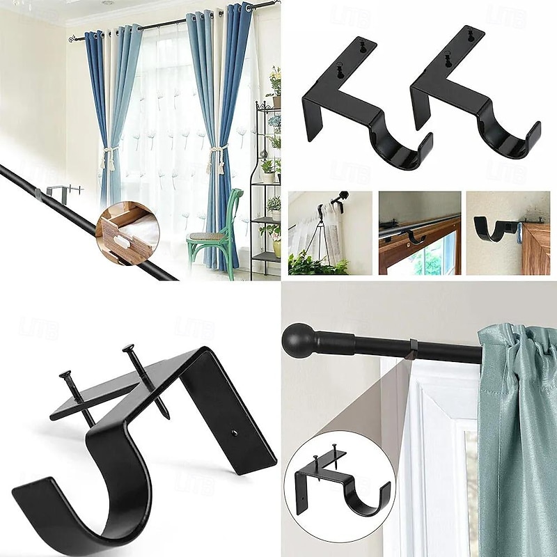 2/4PcS Curtain Pole Bracket No Drill Curtain Rod Holder Wooden Window Frame