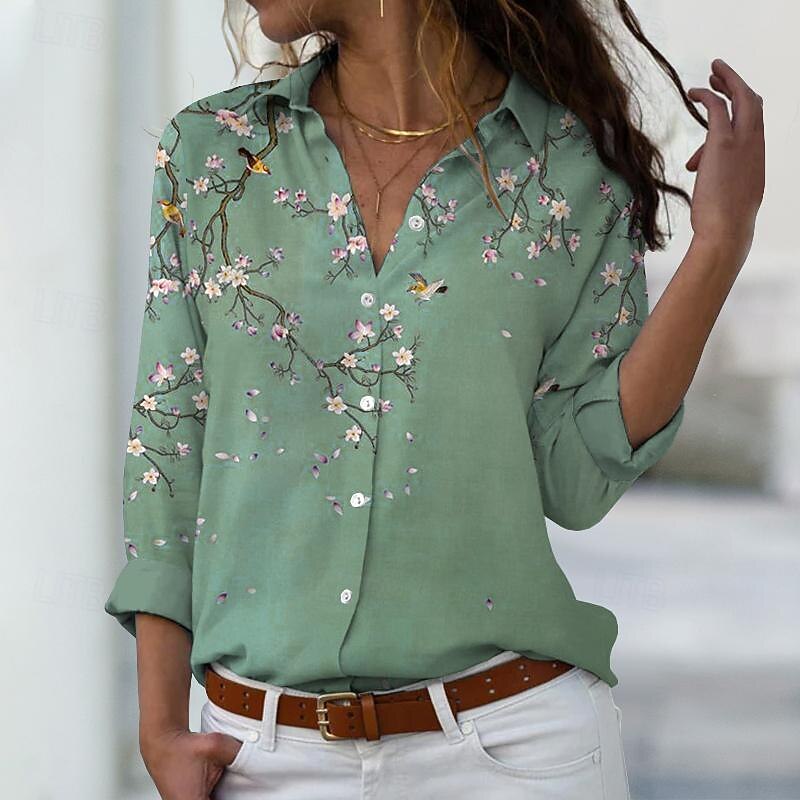 Women's Shirt Button Down Tunic Shirt Collar Long Sleeve Floral Print Green Purple Blue Casual Holiday Elegant Fashion Spring Summer4