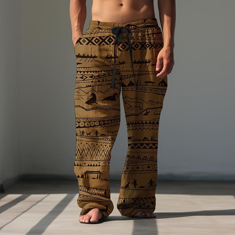 Men's Print Casual Pants Mid Waist Hawaiian Ethnic Style Holiday Straight Leg Summer Spring 3D Print Blue Brown Green